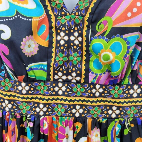 Whimsical Multicolor Silky Mini Dress Sz S Tie Waist Fairycore Party Vibrant - Picture 4 of 12